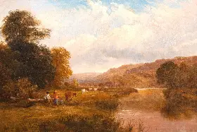 Cattle drovers in a river landscape by George Cole