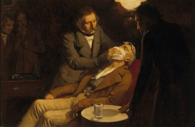 The first use of ether in dental surgery, 1846. Oil painting Credit: Wellcome Library, London. 