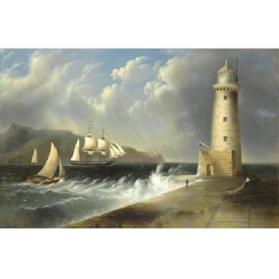 Painting done by Edmund Coates 'Seascape with Lighthouse'