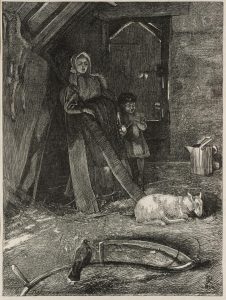 Interior of a Barn with Figures and a Lamb, engraved by the Dalziel Brothers 1866 by George John Pinwell 1842-1875